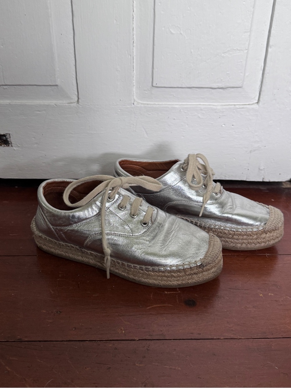 MM6 Maison Margiela Silver Leather Espadrille Platform Sneakers Size 36